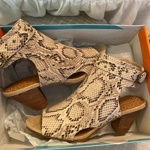 Snakeskin open toe booties, size 8.5